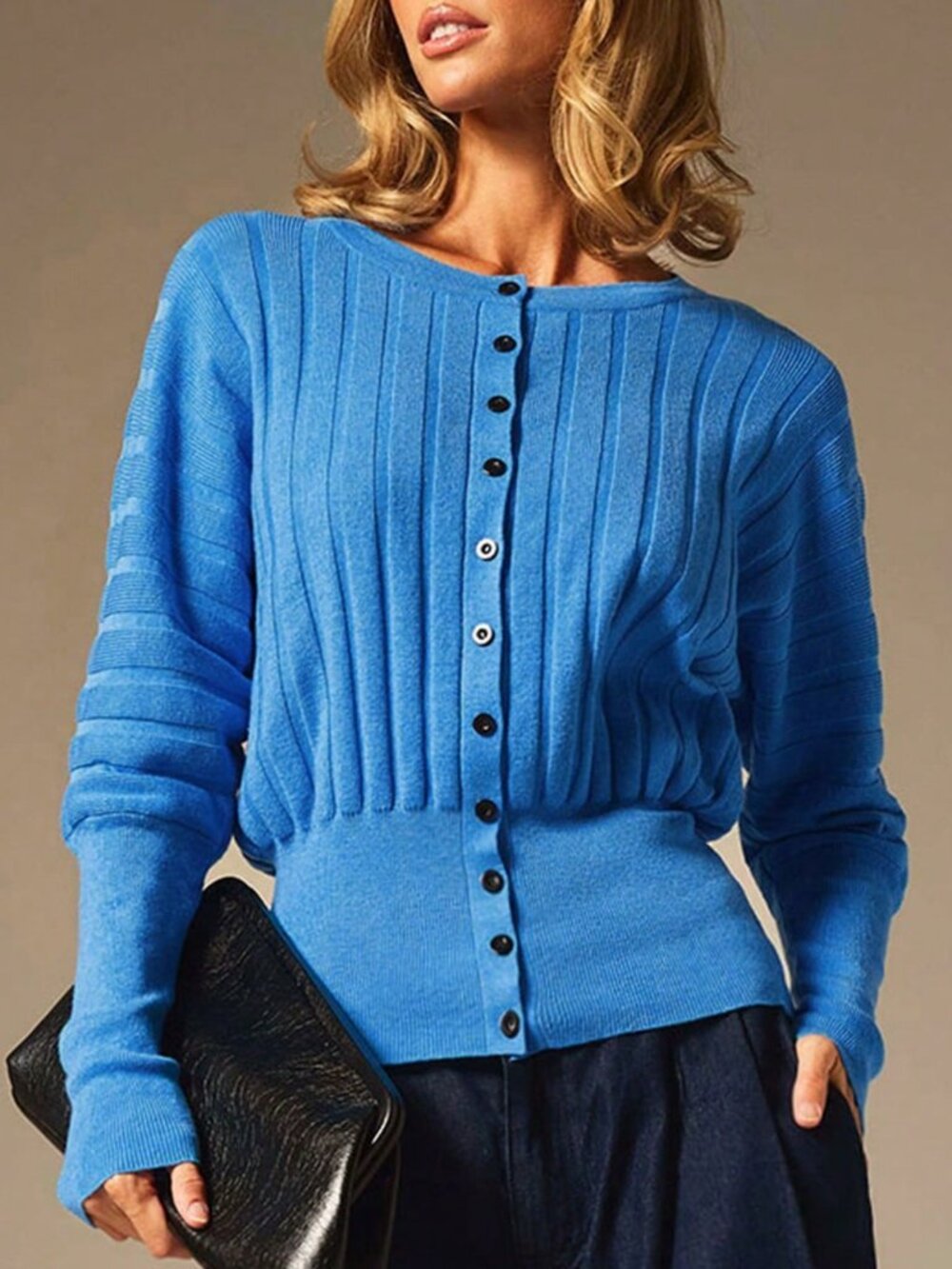 Royal Blue Casual Women's Elegant Ribbed Texture Knit Sweater top